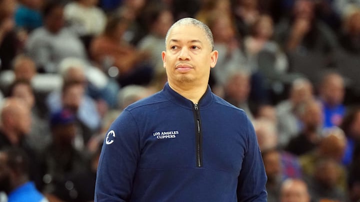 Mar 7, 2025; Inglewood, California, USA; LA Clippers coach Tyronn Lue reacts against the New York Knicks in the second half at Intuit Dome. Mandatory Credit: Kirby Lee-Imagn Images Mar 7, 2025; Inglewood, California, USA; LA Clippers coach Tyronn Lue reacts against the New York Knicks in the second half at Intuit Dome. Mandatory Credit: Kirby Lee-Imagn Images