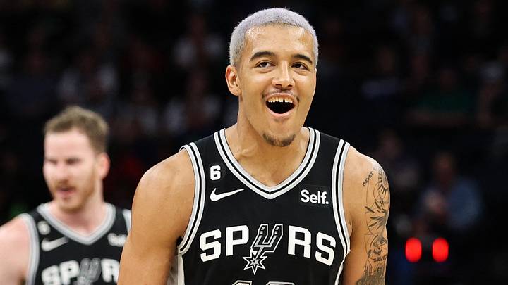 Oct 24, 2022; Minneapolis, Minnesota, USA; San Antonio Spurs forward Jeremy Sochan (10) reacts to a dunk against the Minnesota Timberwolves during the third quarter at Target Center. Mandatory Credit: Matt Krohn-USA TODAY Sports