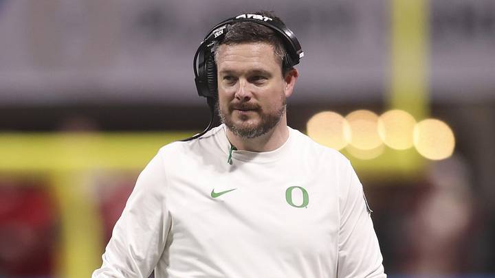 Jan 9, 2026; Atlanta, GA, USA; Oregon Ducks head coach Dan Lanning reacts during the first half of the 2025 Peach Bowl and semifinal game of the College Football Playoff against the Indiana Hoosiers at Mercedes-Benz Stadium. Mandatory Credit: Brett Davis-Imagn Images
