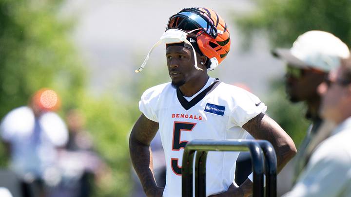 Cincinnati Bengals wide receiver Tee Higgins (5) stands during spring practice on at the Kettering Practice Fields on Tuesday, June 2, 2026.
