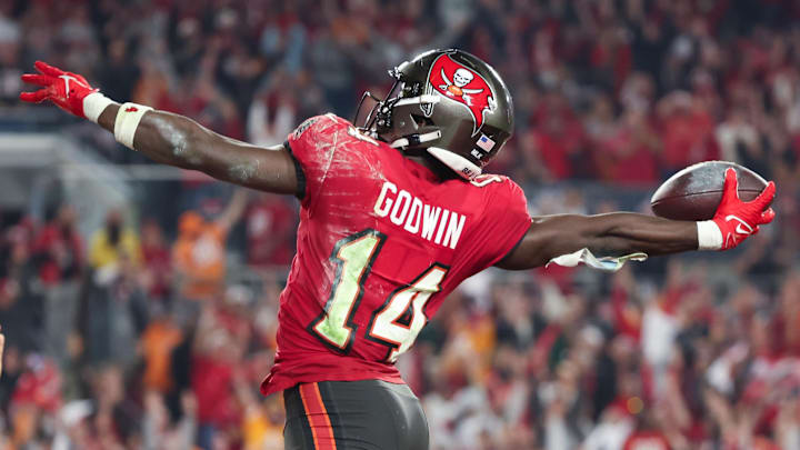 Jan 15, 2024; Tampa, Florida, USA; Tampa Bay Buccaneers wide receiver Chris Godwin (14) celebrates his touchdown against the Philadelphia Eagles during the second half of a 2024 NFC wild card game at Raymond James Stadium. Mandatory Credit: Kim Klement Neitzel-Imagn Images
