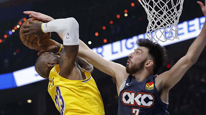 May 7, 2026; Oklahoma City, Oklahoma, USA; Oklahoma City Thunder center Chet Holmgren (7) blocks a shot by Los Angeles Lakers forward LeBron James (23) in the first half during game two of the second round of the 2026 NBA Playoffs at Paycom Center. Mandatory Credit: Alonzo Adams-Imagn Images