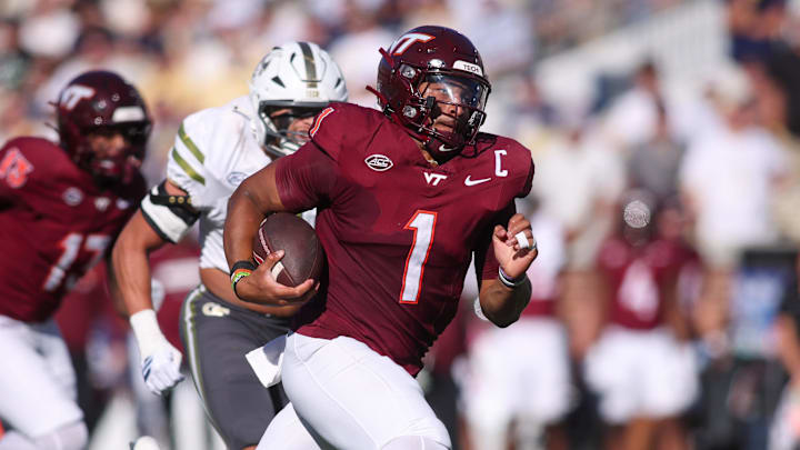 Virginia Tech quarterback Kyron Drones is a threat to run Virginia Tech quarterback Kyron Drones is a threat to run