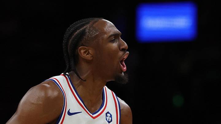 Philadelphia 76ers guard Tyrese Maxey (0) celebrates during the final moments of their win over the Boston Celtics in game seven of the first round of the 2026 NBA Playoffs at TD Garden on May 2, 2026.