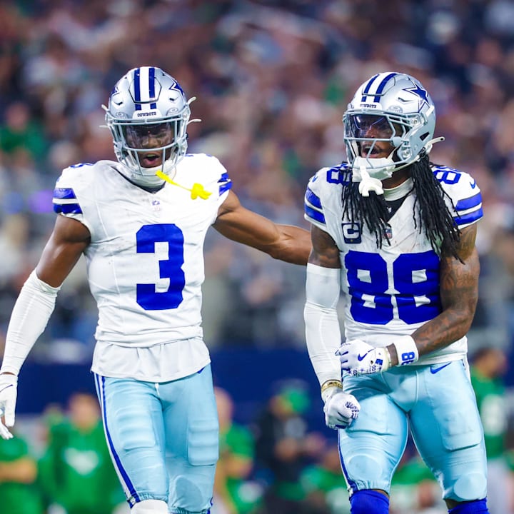 Dallas Cowboys wide receivers George Pickens and CeeDee Lamb (88) react during the game against the Philadelphia Eagles