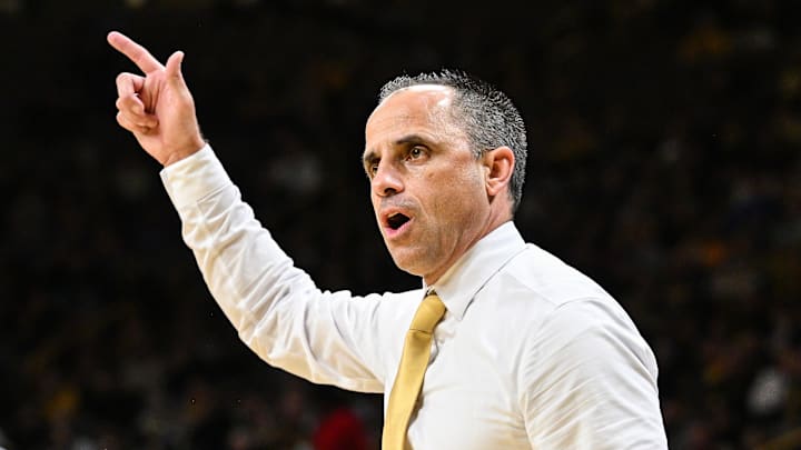 Nov 7, 2025; Iowa City, Iowa, USA; Iowa Hawkeyes head coach Ben McCollum reacts during the first half against the Western Illinois Leathernecks at Carver-Hawkeye Arena. Mandatory Credit: Jeffrey Becker-Imagn Images