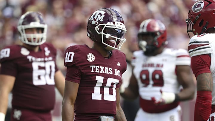Nov 15, 2025; College Station, Texas, USA; Texas A&M Aggies quarterback Marcel Reed (10) reacdts after a play during the second quarter against the South Carolina Gamecocks at Kyle Field. Mandatory Credit: Troy Taormina-Imagn Images Nov 15, 2025; College Station, Texas, USA; Texas A&M Aggies quarterback Marcel Reed (10) reacdts after a play during the second quarter against the South Carolina Gamecocks at Kyle Field. Mandatory Credit: Troy Taormina-Imagn Images