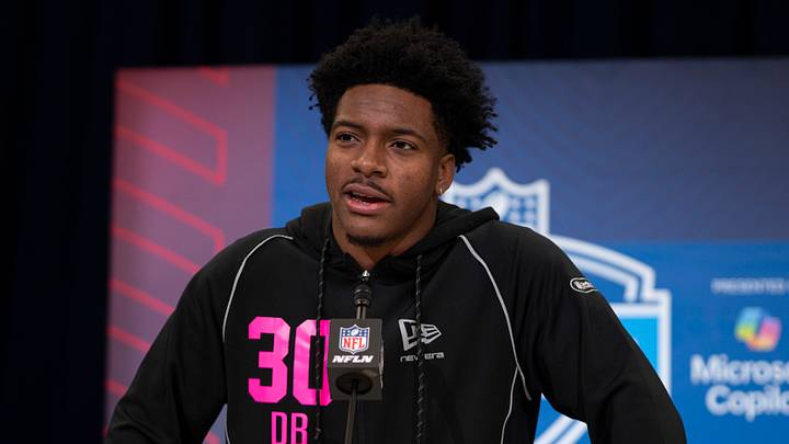 Feb 26, 2026; Indianapolis, IN, USA; Toledo defensive back Avery Smith (DB30) speaks to members of the media at the NFL Combine at the Indiana Convention Center. Mandatory Credit: Jacob Musselman-Imagn Images