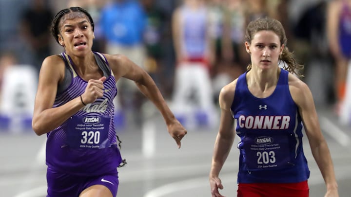 Male High School sprinter Grace Bethel (left) wins the Girls 60-meter race at the 2024 Kentucky Indoor State Track Meet, March 2, 2024. Bethel will be challenged by Oldham County's Clara Warrick in the 2026 Eastern Relays 100 meters.