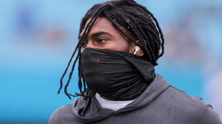 Oct 12, 2025; Charlotte, North Carolina, USA; Dallas Cowboys cornerback Trevon Diggs (7) warms up before the game against the Carolina Panthers at Bank of America Stadium.