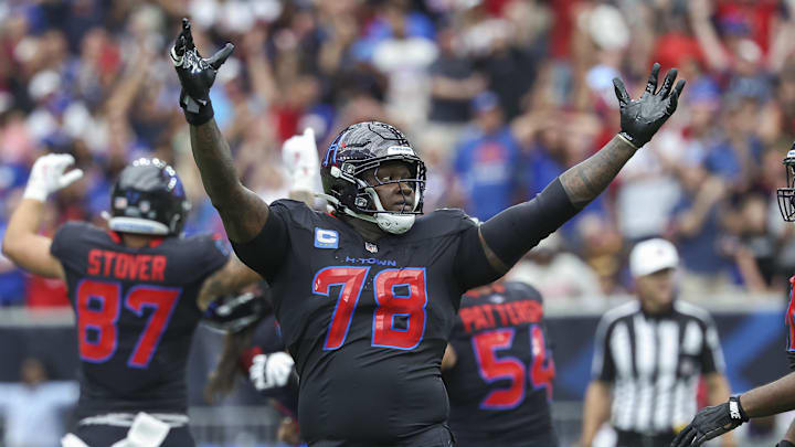  Houston Texans offensive tackle Laremy Tunsil (78) celebrates after the Texans defeated the Buffalo Bills at NRG Stadium. Mandatory Credit: Troy Taormina-Imagn Images