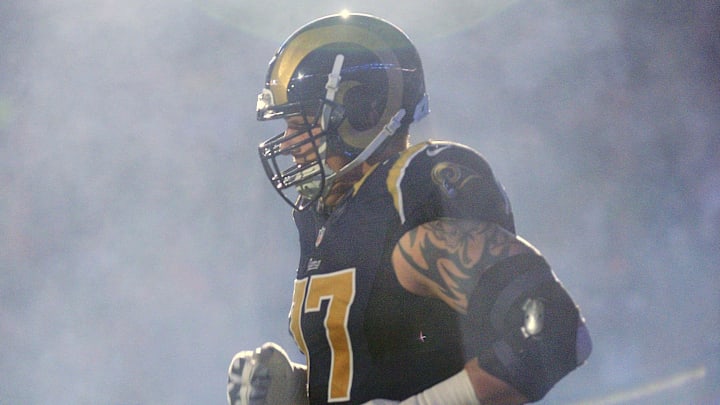 Oct 19, 2014; St. Louis, MO, USA; St. Louis Rams tackle Jake Long (77) is introduced before a game against the Seattle Seahawks at the Edward Jones Dome. Mandatory Credit: Jeff Curry-Imagn Images