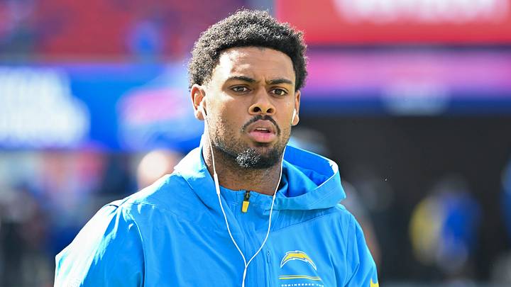 Sep 27, 2026; Orchard Park, New York, USA; Los Angeles Chargers wide receiver Tre Harris (9) warms up before a game against the Buffalo Bills at New Highmark Stadium. Mandatory Credit: Mark Konezny-Imagn Images