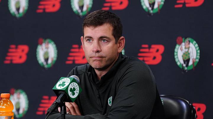 Sep 29, 2025; Boston, MA, USA; Boston Celtics president of basketball operations Brad Stevens talks to reporters during media day at the Auerbach Center. Mandatory Credit: David Butler II-Imagn Images