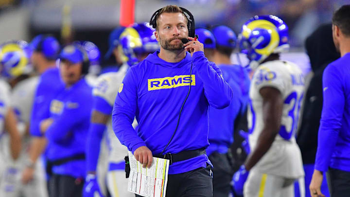 Oct 24, 2024; Inglewood, California, USA; Los Angeles Rams head coach Sean McVay watches game action against the Minnesota Vikings during the first half at SoFi Stadium. Mandatory Credit: Gary A. Vasquez-Imagn Images