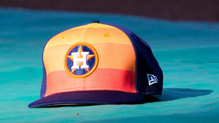 Apr 9, 2024; Kansas City, Missouri, USA; A general view of Houston Astros second base Jose Altuve (27) hat on the field during batting practice prior to a game against the Kansas City Royals at Kauffman Stadium. Apr 9, 2024; Kansas City, Missouri, USA; A general view of Houston Astros second base Jose Altuve (27) hat on the field during batting practice prior to a game against the Kansas City Royals at Kauffman Stadium.