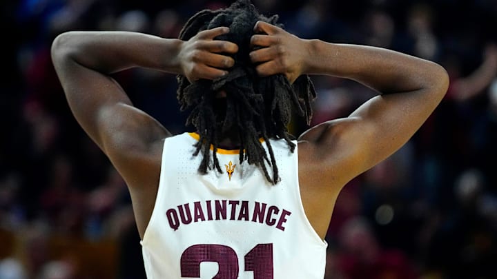 ASU center Jayden Quaintance (21) reacts after his fifth foul against Iowa State during a game at Desert Financial Arena in Tempe on Jan. 25, 2025. ASU center Jayden Quaintance (21) reacts after his fifth foul against Iowa State during a game at Desert Financial Arena in Tempe on Jan. 25, 2025.