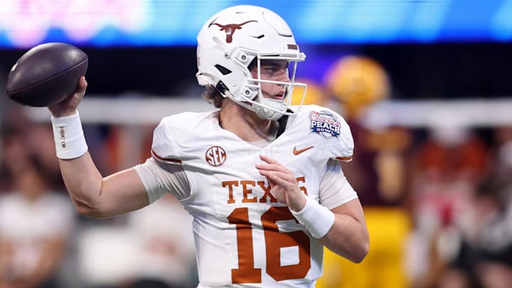 Jan 1, 2025; Atlanta, GA, USA; Texas Longhorns quarterback Arch Manning (16) warms up before the Peach Bowl at Mercedes-Benz Stadium. Mandatory Credit: Brett Davis-Imagn Images Jan 1, 2025; Atlanta, GA, USA; Texas Longhorns quarterback Arch Manning (16) warms up before the Peach Bowl at Mercedes-Benz Stadium. Mandatory Credit: Brett Davis-Imagn Images