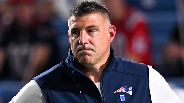 Oct 5, 2025; Orchard Park, New York, USA; New England Patriots head coach Mike Vrabel before the game at Highmark Stadium. Mandatory Credit: Mark Konezny-Imagn Images