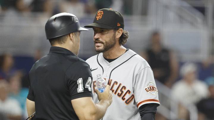 Miami, Florida, USA; San Francisco Giants manager Tony Vitello (23) argues with umpire Mark Wegner (14) against the Miami Marlins during the fourth inning at loanDepot Park. Mandatory Credit: Rhona Wise-Imagn Images
