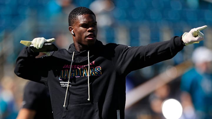 Jacksonville Jaguars wide receiver Travis Hunter (12) dances before an NFL football matchup, Sunday, Oct. 12, 2025, at EverBank Stadium in Jacksonville, Fla. The Seahawks defeated the Jaguars 20-12. Jacksonville Jaguars wide receiver Travis Hunter (12) dances before an NFL football matchup, Sunday, Oct. 12, 2025, at EverBank Stadium in Jacksonville, Fla. The Seahawks defeated the Jaguars 20-12.