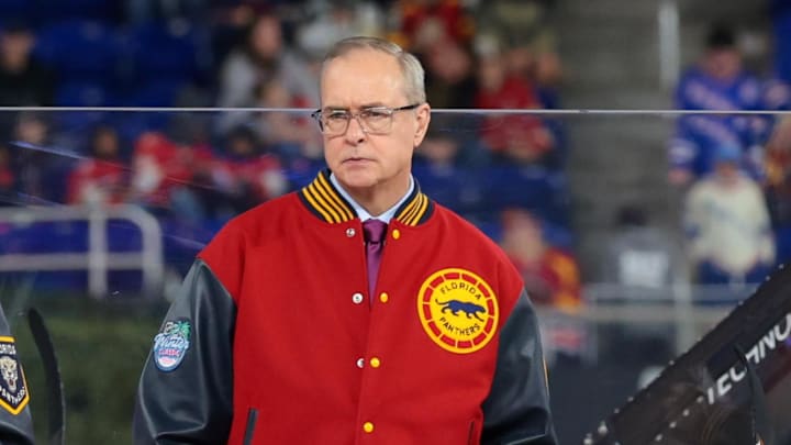 Jan 2, 2026; Miami, Florida, USA; Florida Panthers head coach Paul Maurice looks on from the bench during the third period in the 2026 Winter Classic ice hockey game against the New York Rangers at loanDepot Park. Mandatory Credit: Sam Navarro-Imagn Images