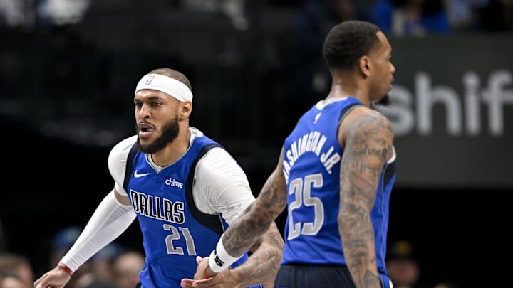 Mar 31, 2025; Dallas, Texas, USA; Dallas Mavericks center Daniel Gafford (21) and forward P.J. Washington (25) in action during the game between the Dallas Mavericks and the Brooklyn Nets at the American Airlines Center. Mandatory Credit: Jerome Miron-Imagn Images Mar 31, 2025; Dallas, Texas, USA; Dallas Mavericks center Daniel Gafford (21) and forward P.J. Washington (25) in action during the game between the Dallas Mavericks and the Brooklyn Nets at the American Airlines Center. Mandatory Credit: Jerome Miron-Imagn Images