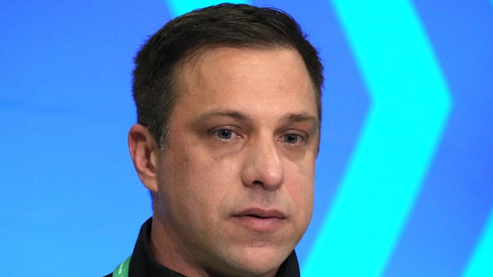 Feb 27, 2024; Indianapolis, IN, USA; Kansas City Chiefs general manager Brett Veach speaks during a press conference at the NFL Scouting Combine at Indiana Convention Center. Mandatory Credit: Kirby Lee-Imagn Images