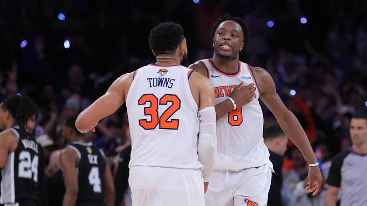 Jun 10, 2026; New York, New York, USA; New York Knicks forward Og Anunoby (8) and center Karl-Anthony Towns (32) react in the fourth quarter against the San Antonio Spurs during game four of the 2026 NBA Finals at Madison Square Garden. Mandatory Credit: Brad Penner-Imagn Images Jun 10, 2026; New York, New York, USA; New York Knicks forward Og Anunoby (8) and center Karl-Anthony Towns (32) react in the fourth quarter against the San Antonio Spurs during game four of the 2026 NBA Finals at Madison Square Garden. Mandatory Credit: Brad Penner-Imagn Images
