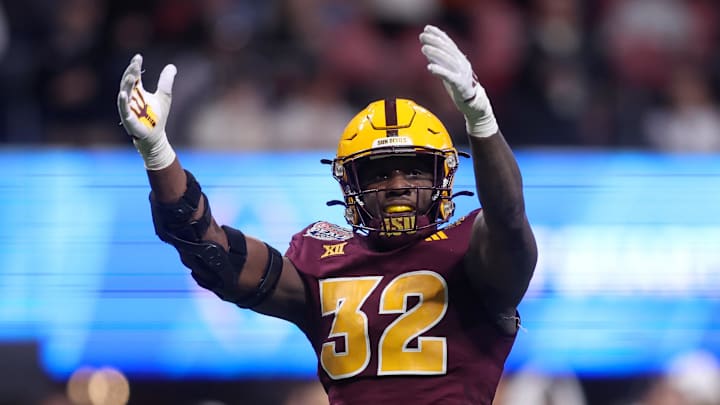 Jan 1, 2025; Atlanta, GA, USA; Arizona State Sun Devils defensive lineman Prince Dorbah (32) fires up the crowd against the Texas Longhorns in the fourth quarter at Mercedes-Benz Stadium. Mandatory Credit: Brett Davis-Imagn Images