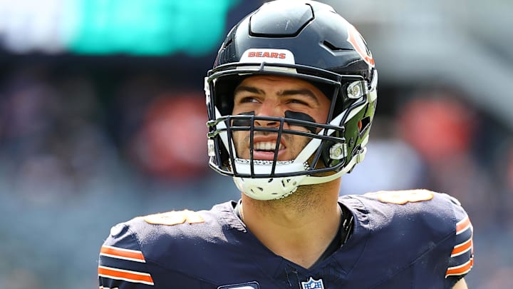 Chicago Bears tight end Cole Kmet (85) practices before the game against the Tennessee Titans at Soldier Field.