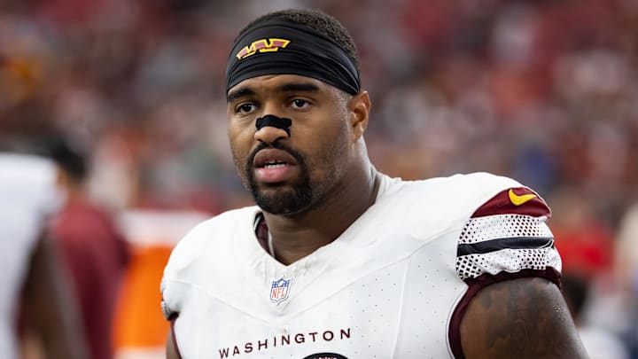 Sep 29, 2024; Glendale, Arizona, USA; Washington Commanders defensive tackle Jonathan Allen (93) against the Arizona Cardinals at State Farm Stadium. Mandatory Credit: Mark J. Rebilas-Imagn Images