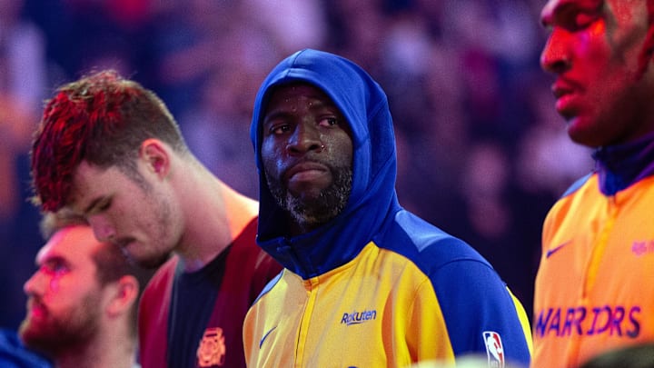 Golden State Warriors forward Draymond Green watches the crowd during national anthem before taking on the Los Angeles Clippers at Chase Center. 