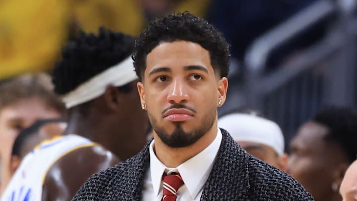 Indiana Pacers guard Tyrese Haliburton (0) on the sidelines against the Toronto Raptors.