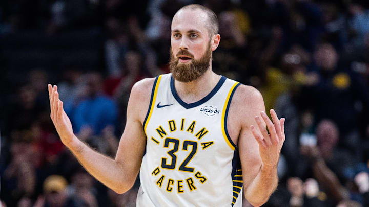 Indiana Pacers center Jay Huff (32) celebrates a made basket in the second half against the Chicago Bulls at Gainbridge Fieldhouse.