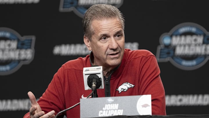 March 26, 2025; San Francisco, CA, USA; Arkansas Razorbacks head coach John Calipari addresses the media in a press conference during NCAA Tournament West Regional Practice at Chase Center. Mandatory Credit: Kyle Terada-Imagn Images