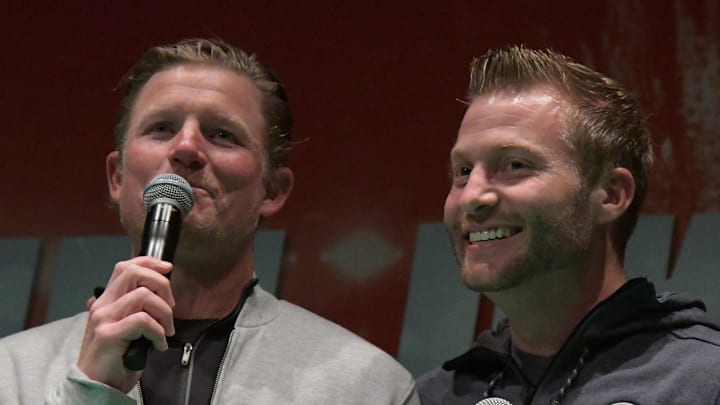 Oct 21, 2017; London, United Kingdom; Los Angeles Rams general manager Les Snead (left) and coach Sean McVay on stage during NFL UK Live at The Mermaid London. Mandatory Credit: Kirby Lee-Imagn Images Oct 21, 2017; London, United Kingdom; Los Angeles Rams general manager Les Snead (left) and coach Sean McVay on stage during NFL UK Live at The Mermaid London. Mandatory Credit: Kirby Lee-Imagn Images
