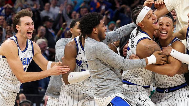 Nov 10, 2025; Orlando, Florida, USA; Orlando Magic guard Desmond Bane (3) celebrates with forward Paolo Banchero (5) after making a game winning basket against the Portland Trail Blazers in the fourth quarter at Kia Center. Mandatory Credit: Nathan Ray Seebeck-Imagn Images Nov 10, 2025; Orlando, Florida, USA; Orlando Magic guard Desmond Bane (3) celebrates with forward Paolo Banchero (5) after making a game winning basket against the Portland Trail Blazers in the fourth quarter at Kia Center. Mandatory Credit: Nathan Ray Seebeck-Imagn Images