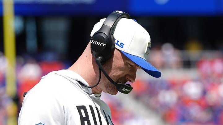 Aug 15, 2026; Orchard Park, New York, USA; Buffalo Bills head coach Joe Brady looks at his play card during the first half aginst the Carolina Panthers at New Highmark Stadium. Mandatory Credit: Gregory Fisher-Imagn Images