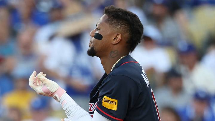 Oct 4, 2026; Los Angeles, California, USA; Atlanta Braves outfielder Ronald Acuna Jr. (13) reacts after striking out during the second inning against the Los Angeles Dodgers in game two of the NLDS for the 2026 MLB Playoffs at Uniqlo Field at Dodger Stadium. Mandatory Credit: Kiyoshi Mio-Imagn Images Oct 4, 2026; Los Angeles, California, USA; Atlanta Braves outfielder Ronald Acuna Jr. (13) reacts after striking out during the second inning against the Los Angeles Dodgers in game two of the NLDS for the 2026 MLB Playoffs at Uniqlo Field at Dodger Stadium. Mandatory Credit: Kiyoshi Mio-Imagn Images