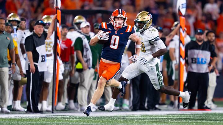 Illinois' Mac Resetich (0) runs back a punt for a big gain in the first half of the Illini's 42-23 win over UAB on Sept. 3, 2026 at Gies Memorial Stadium in Champaign, Illinois. Illinois' Mac Resetich (0) runs back a punt for a big gain in the first half of the Illini's 42-23 win over UAB on Sept. 3, 2026 at Gies Memorial Stadium in Champaign, Illinois.