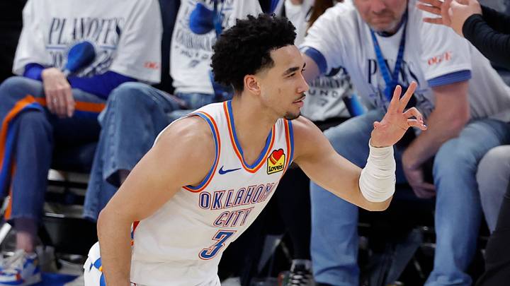 May 26, 2026; Oklahoma City, Oklahoma, USA; Oklahoma City Thunder guard Jared McCain (3) reacts after a basket during the fourth quarter against the San Antonio Spurs in game five of the western conference finals for the 2026 NBA playoffs at Paycom Center. Mandatory Credit: Alonzo Adams-Imagn Images May 26, 2026; Oklahoma City, Oklahoma, USA; Oklahoma City Thunder guard Jared McCain (3) reacts after a basket during the fourth quarter against the San Antonio Spurs in game five of the western conference finals for the 2026 NBA playoffs at Paycom Center. Mandatory Credit: Alonzo Adams-Imagn Images