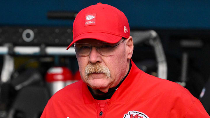 Dec 21, 2025; Nashville, Tennessee, USA;  Kansas City Chiefs head coach Andy Reid walks to the field against the Tennessee Titans during pre-game warmups at Nissan Stadium. Mandatory Credit: Steve Roberts-Imagn Images