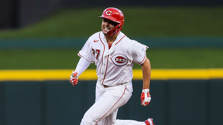 Mar 30, 2026; Cincinnati, Ohio, USA; Cincinnati Reds first baseman Sal Stewart (27) runs to third on a single hit by designated hitter Eugenio Suarez (not pictured) in the fourth inning against the Pittsburgh Pirates at Great American Ball Park. Mandatory Credit: Katie Stratman-Imagn Images
