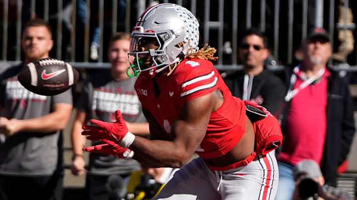 Ohio State Buckeyes running back Quinshon Judkins (1) catches a touchdown pass during the second half of the NCAA football game against the Nebraska Cornhuskers at Ohio Stadium in Columbus on Saturday, Oct. 26, 2024. Ohio State won 21-17.