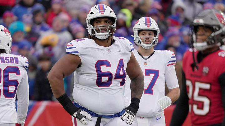 Buffalo Bills guard O'Cyrus Torrence gets ready to line up for the next play during second half action against the Tampa Bay Buccaneers on Nov 16, 2025 at Highmark Stadium in Orchard Park. Buffalo Bills guard O'Cyrus Torrence gets ready to line up for the next play during second half action against the Tampa Bay Buccaneers on Nov 16, 2025 at Highmark Stadium in Orchard Park.