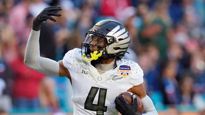 Oregon defensive back Brandon Finney Jr. celebrates an interception as the Oregon Ducks take on the Texas Tech Red Raiders in the Orange Bowl on Jan. 1, 2026, at Hard Rock Stadium in Miami, Florida. Oregon defensive back Brandon Finney Jr. celebrates an interception as the Oregon Ducks take on the Texas Tech Red Raiders in the Orange Bowl on Jan. 1, 2026, at Hard Rock Stadium in Miami, Florida.