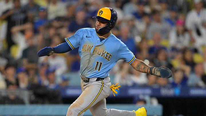 Aug 13, 2026; Los Angeles, California, USA; Milwaukee Brewers left fielder Jackson Chourio (11) comes around to score the winning run in the ninth inning against the Los Angeles Dodgers at Dodger Stadium. Mandatory Credit: Jayne Kamin-Oncea-Imagn Images Aug 13, 2026; Los Angeles, California, USA; Milwaukee Brewers left fielder Jackson Chourio (11) comes around to score the winning run in the ninth inning against the Los Angeles Dodgers at Dodger Stadium. Mandatory Credit: Jayne Kamin-Oncea-Imagn Images