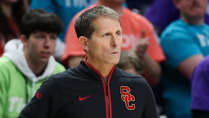Feb 8, 2026; University Park, Pennsylvania, USA; Southern California Trojans head coach Eric Musselman looks on from the bench during the second half against the Penn State Nittany Lions at Bryce Jordan Center. Mandatory Credit: Matthew O'Haren-Imagn Images