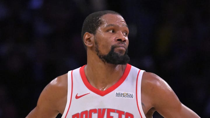 Apr 21, 2026; Los Angeles, California, USA; Houston Rockets forward Kevin Durant (7) looks on from the court in the second half of game two of the first round of the 2026 NBA Playoffs against the Los Angeles Lakers at Crypto.com Arena. Mandatory Credit: Jayne Kamin-Oncea-Imagn Images